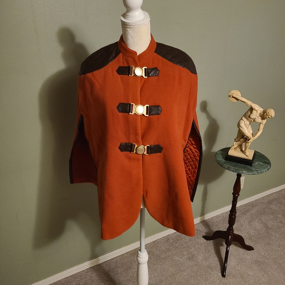 NWOT G.I.L.I Buckle Front Cape with Faux Leather Trim